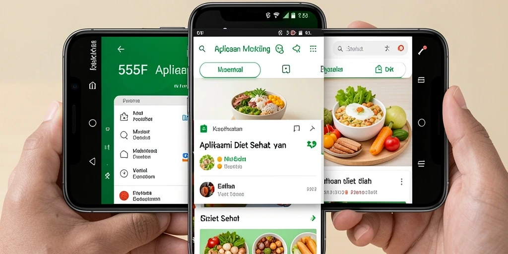 Tampilan antarmuka aplikasi Diet Sehat 555F yang menarik dan informatif.