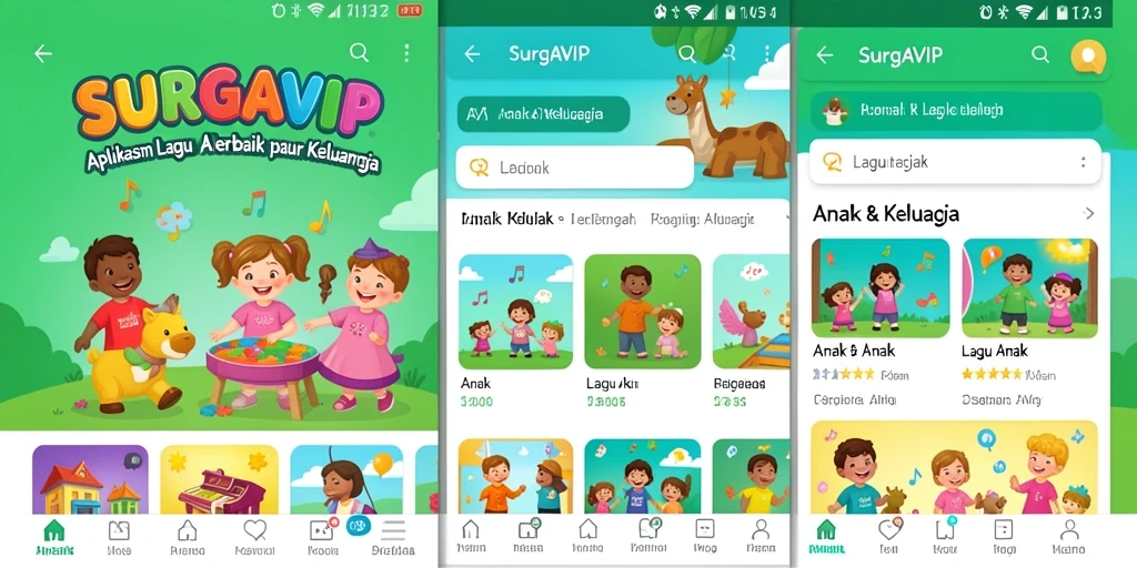 Tampilan antarmuka aplikasi SURGAVIP dengan lagu anak yang ceria.