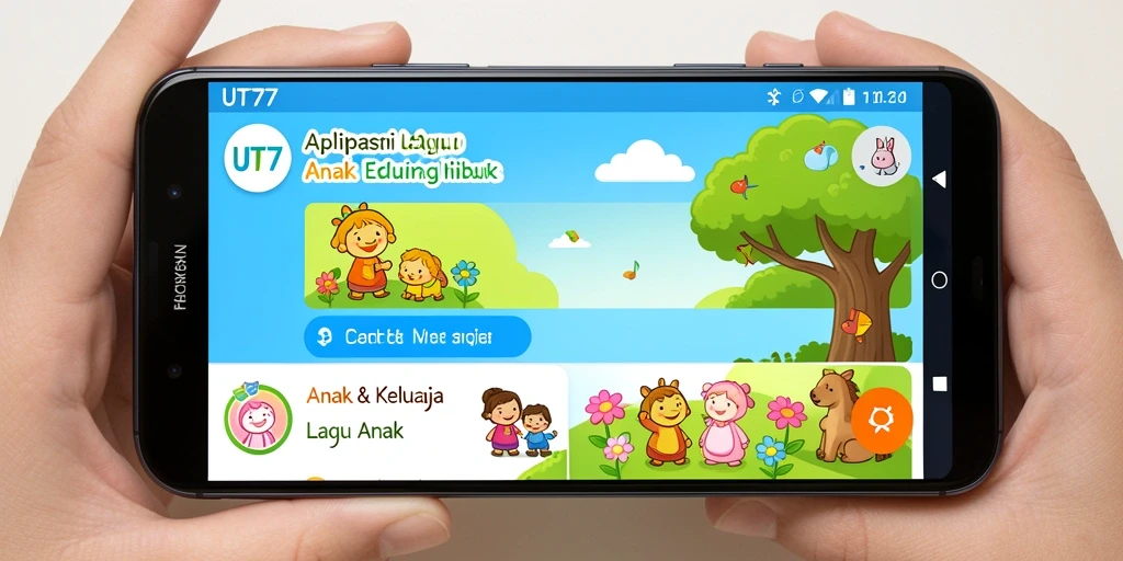 Screenshot aplikasi UT77 menampilkan koleksi lagu anak yang ceria dan interaktif.